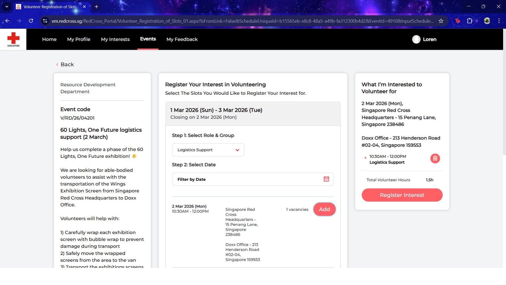 When registering for an event, you can read more about the event details and requirements, choose your preferred role, and confirm your availability!
