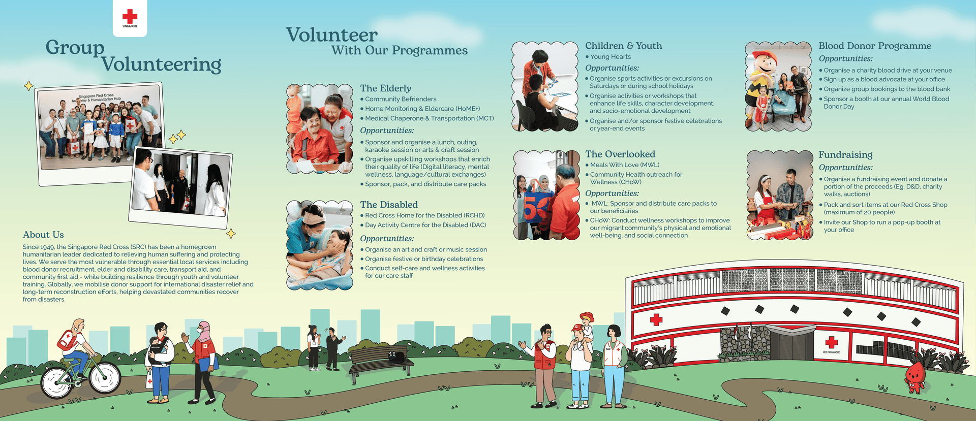 An infographic depicting group volunteering programmes at Singapore Red Cross.